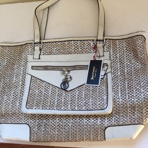 Juicy Couture NEW Y2K Leather Raffia Tote Satchel Shoulder Bag Clutch Wristlet - Picture 4 of 16